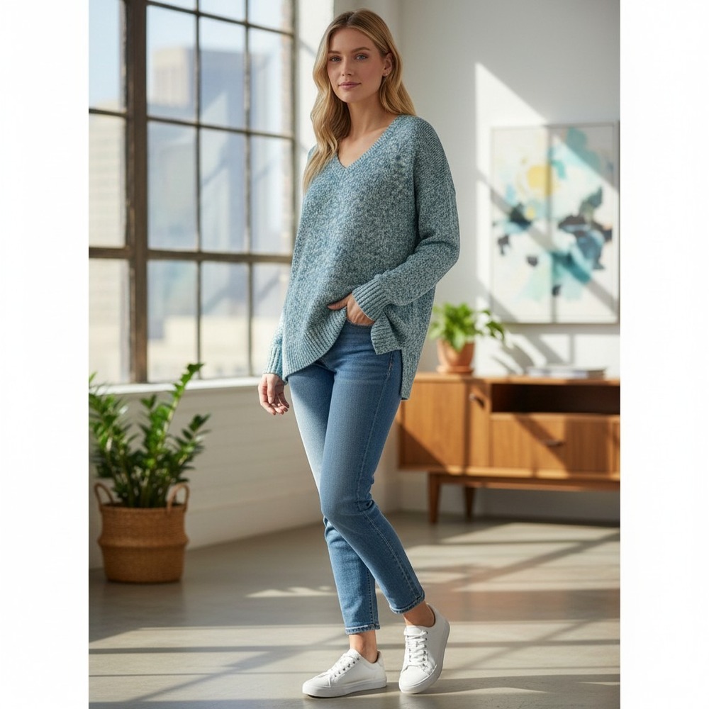 Banana Republic Teal Marled V-Neck Sweater Small